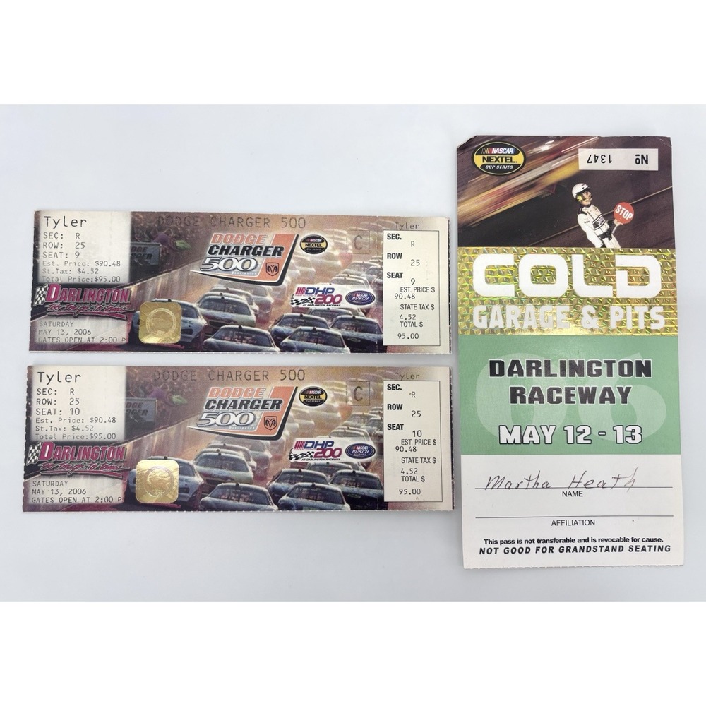 2006 Darlington Dodge Charger 500 NASCAR Ticket Pair Garage Pit Pass Lot